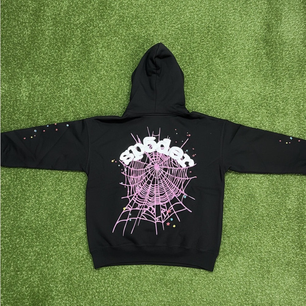 Black Hoodie with Pink Spider Web Design